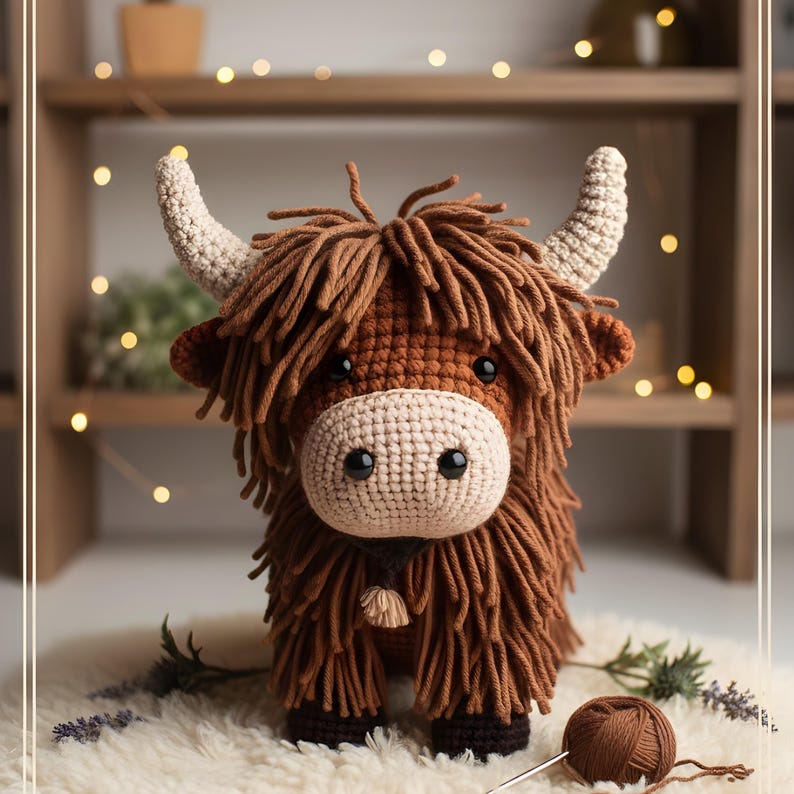 May include: A crocheted Highland cow plushie with brown and tan yarn. The plushie has large horns, a shaggy mane, and a light tan muzzle. The cow is sitting on a white fluffy surface, with a ball of yarn and a crochet hook nearby.