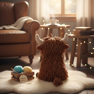 May include: A handmade brown crochet Highland cow with cream-colored horns sits on a white faux fur rug. A wooden crate holds blue and yellow yarn balls. The tag reads "Handmade with Love". A brown leather armchair is in the background.