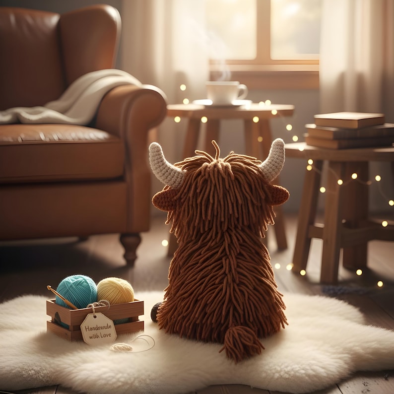 May include: A handmade brown crochet Highland cow with cream-colored horns sits on a white faux fur rug. A wooden crate holds blue and yellow yarn balls. The tag reads "Handmade with Love". A brown leather armchair is in the background.