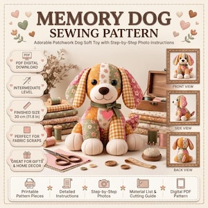 Patrón de costura en PDF para perro conmemorativo, peluche para mascotas, recuerdo de ropa para cachorros, retazos de tela, regalo de condolencias, descarga digital.