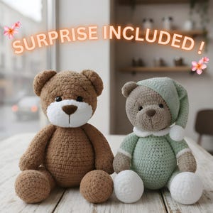 May include: Two handmade crochet teddy bears. One is brown with a white muzzle and brown paws. The other is grey with a green nightcap and pyjamas. The text "SURPRISE INCLUDED!" is above the bears.