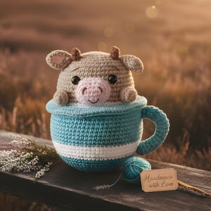 May include: A crocheted cow toy peeks out of a blue and white striped crocheted teacup. The cow has a pink nose and small horns. A ball of teal yarn and a tag that says "Handmade with Love" are next to the cup.