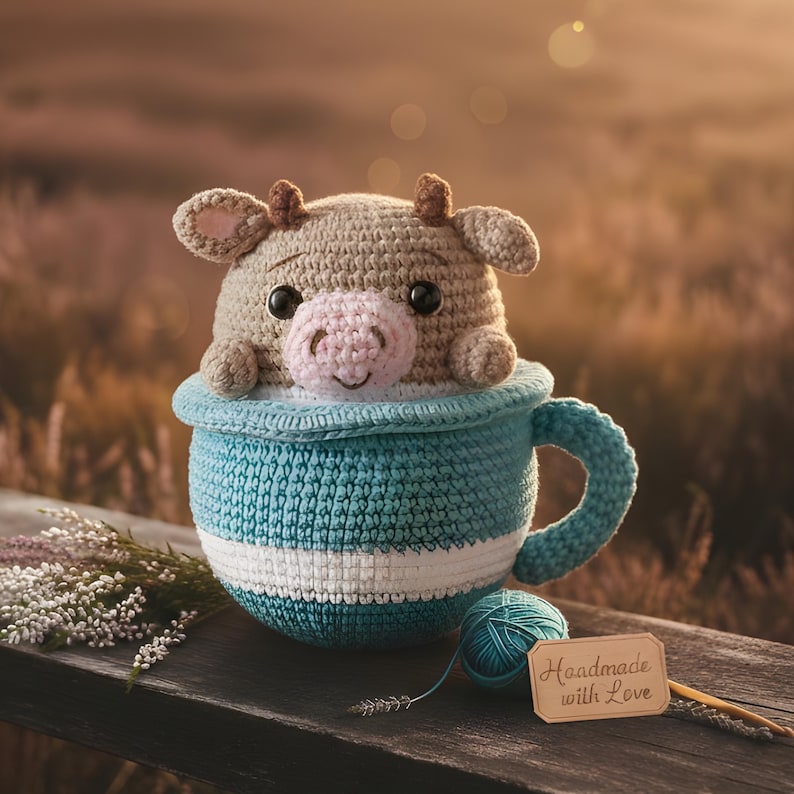 May include: A crocheted cow toy peeks out of a blue and white striped crocheted teacup. The cow has a pink nose and small horns. A ball of teal yarn and a tag that says "Handmade with Love" are next to the cup.