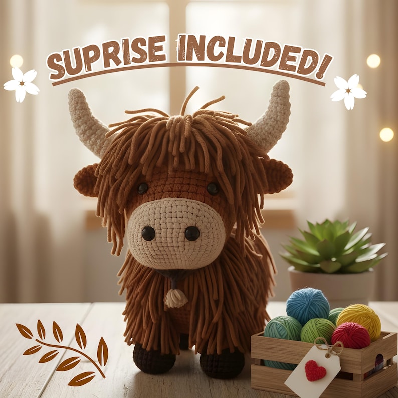 May include: A crocheted Highland cow with brown yarn and cream-colored horns. The cow has a light-colored muzzle and black eyes. The text "SUPRISE INCLUDED!" is above the cow. A small wooden crate holds colorful yarn balls, and a tag with a red heart is attached.