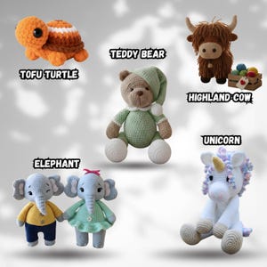 May include: A collection of handmade crochet stuffed animals, including a turtle, teddy bear, Highland cow, unicorn, and two elephants. Each animal is a unique design with vibrant colors and detailed stitching. The text "TOFU TURTLE", "TEDDY BEAR", "HIGHLAND COW", "UNICORN", and "ELEPHANT" are displayed.