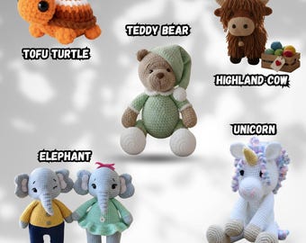 May include: A collection of handmade crochet stuffed animals, including a turtle, teddy bear, Highland cow, unicorn, and two elephants. Each animal is a unique design with vibrant colors and detailed stitching. The text "TOFU TURTLE", "TEDDY BEAR", "HIGHLAND COW", "UNICORN", and "ELEPHANT" are displayed.