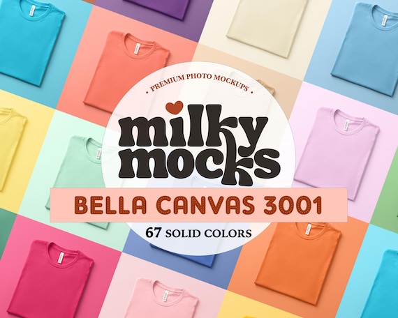 Bella Canvas 3001 Mockup Bundle | 67 SOLID Colors Real T-shirt Mockups, BC3001 Blank Shirt Folded Flatlay, POD Canva Template Design PNG