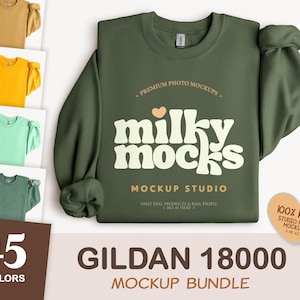 K&ouml;nnte beinhalten: Ein Mockup-Bundle von Gildan 18000 Sweatshirts in verschiedenen Farben, darunter Olivgr&uuml;n, Gelb und T&uuml;rkis. Das Haupt-Sweatshirt ist olivgr&uuml;n mit dem Text "milky mocks MOCKUP STUDIO" in Wei&szlig;. Das Bild enth&auml;lt auch den Text "45 COLORS" und "100% REAL STUDIO PHOTO MOCKUPS".