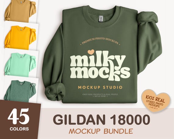 Gildan 18000 Bundle | G180 Oversized Sweatshirt Mockup, Neutral Blank Folded Crewneck Flatlay, POD Real Mockup Canva Template Design PNG