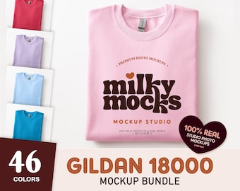 Gildan 18000 Mockup Bundle | G180 Oversized Sweatshirt Mockup, Blank Folded Crewneck Flatlay, POD Real Mock Canva Template Design