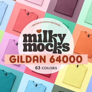 Könnte beinhalten: Ein farbenfrohes Produkt-Mockup mit gefalteten Gildan 64000 T-Shirts in verschiedenen Farben, angeordnet auf einem Raster aus unterschiedlich farbigen Hintergründen. Das Bild enthält den Text "milky mocks" und "63 Farben".