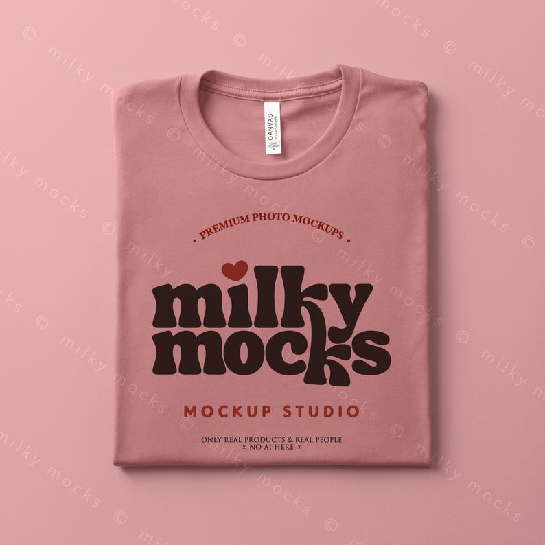 Puede incluir: Una camiseta doblada, de color rosa polvoriento, con cuello redondo. La camiseta presenta el texto "milky mocks" en una fuente retro marr&oacute;n, con un coraz&oacute;n rojo encima de la palabra. El texto adicional incluye "PREMIUM PHOTO MOCKUPS" y "MOCKUP STUDIO".