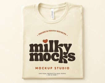 NATURAL Bella Canvas 3001 Mockup | BC3001 Real T-shirt Mockup, Blank Solid Shirt Folded Flatlay, POD Canva Template Design PNG