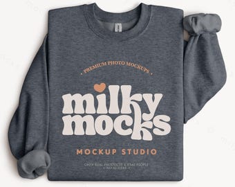 DARK HEATHER Gildan 18000-sweatshirtmodel | Lege gevouwen flatlay POD met ronde hals en echte foto (digitale download)