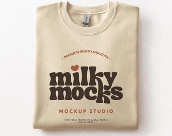 SAND Gildan 18000 Mockup | G180 Folded Crewneck Flatlay, Real Photo Sweatshirt Mockup, POD Canva Template + Size Chart