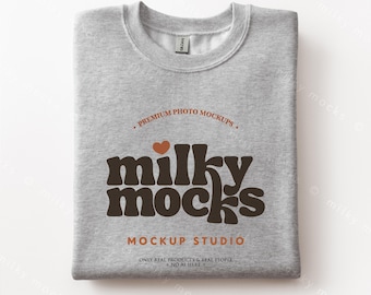 SPORT GREY Gildan 18000 Mockup | G180 Folded Crewneck Flatlay, Real Photo Sweatshirt Mockup, POD Canva Template + Size Chart