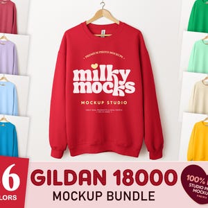 May include: A red Gildan 18000 sweatshirt with the text "milky mocks MOCKUP STUDIO" in white. The image displays a mockup bundle with 46 colors of sweatshirts. The image also includes the text "100% REAL STUDIO PHOTO MOCKUPS".