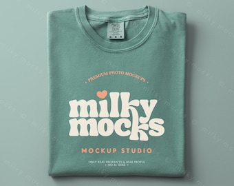 LIGHT GREEN Comfort Colors 1717 Mockup | CC1717 Tshirt Mockup Neutral Blank Folded Flatlay, POD Real Mock Canva Template Design Png