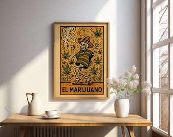 Póster de lotería de marihuana: impresión artística mexicana, decoración bohemia para fumetas