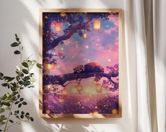 Red Panda Art Print Sunset Animal Poster Warm Nature Illustration Colorful Forest Decor Vibrant Wildlife Accent Unique