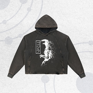 May include: Dark grey hoodie with a white Godzilla graphic and Japanese text. The hoodie has a drawstring hood, long sleeves, and a kangaroo pocket. The design is centered on the front of the garment.