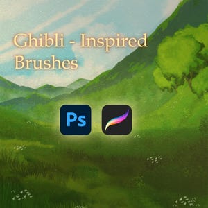 May include: Digital art graphic with the text "Ghibli - Inspired Brushes" in a light gold font. The background is a green landscape with mountains and a blue sky. Two app icons are at the bottom: a blue "Ps" and a colorful brush.