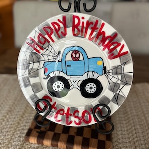 Plato de cumpleaños pintado personalizado - Niño - Monster Truck/Spider Man