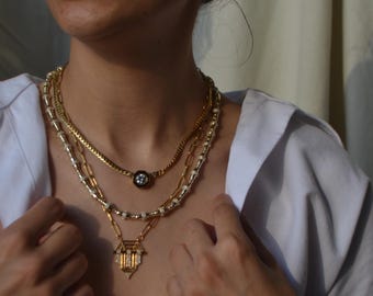 Gold Layered Necklace Set: Chunky Chain, Black Bead Pendant, Stacking Jewelry