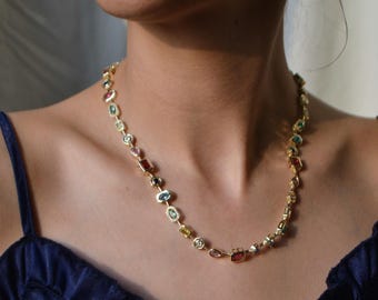 Colorful Gemstone Choker: Gold Stainless Steel Adjustable Necklace