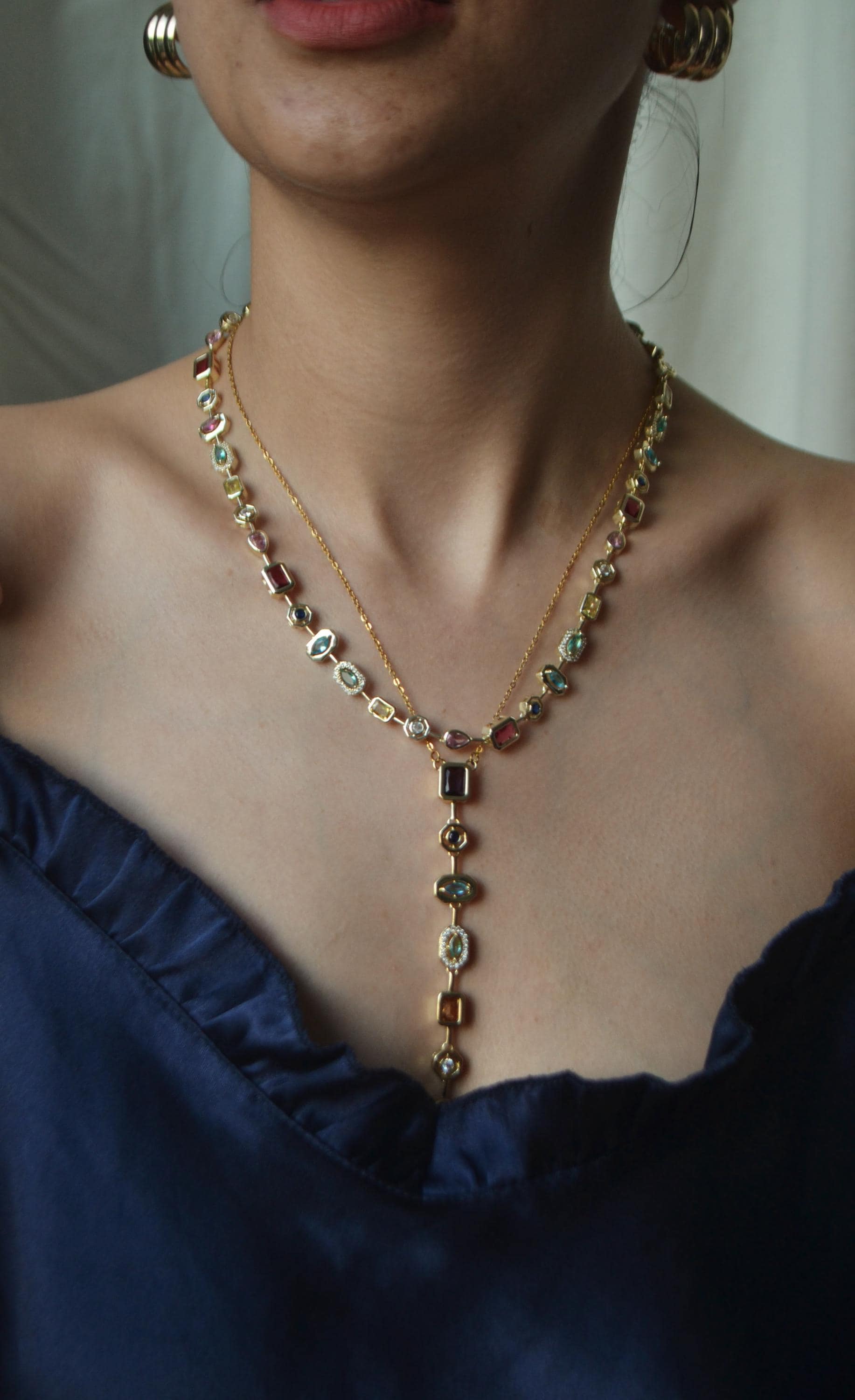 Gold Stainless Steel Drop Necklace: Colorful Stone Elegant Chain