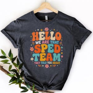Può includere: T-shirt grigio scuro con la scritta "HELLO WE ARE THAT SPED TEAM THEY TOLD YOU ABOUT" in un design retrò e colorato. Il design include fiori e stelle arancioni, turchesi, rosa e gialle. La maglietta è appesa a una gruccia di legno.