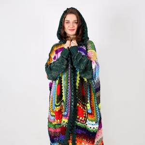 Handknit Rainbow Cardigan: Fringed Cotton Sweater Coat, Hippie Style