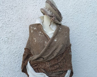 Brown Handknit Shawl Beret Hat Set, Two Color Milky Brown Crochet Pattern Long Triangle Multiuse Reversable Shawl Scarf and Hat set