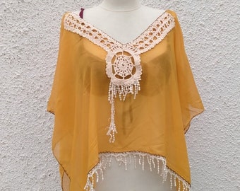 Handmade Yellow Ethnic Tunic, Vibrant Hippie clothes, Cheerful Chic Style Coverup, Transparent Poncho, Fringed Beach Dress