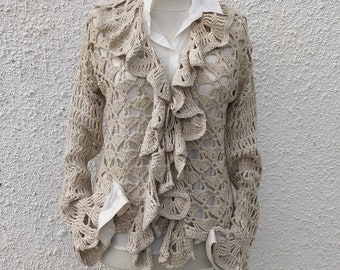 Frilly Beige Handknit Cardigan, Vintage Style Crochet Sweater, Bohemian Crochet, Vintage cardigan, Victorian Modern Cardigan