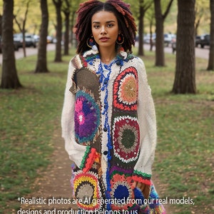 May include: A woman wearing a long, white crochet cardigan with colourful circular patterns. The cardigan has a hood and a button fastening. The woman is standing in a park with trees in the background.