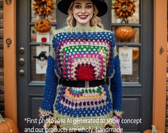 Mondrian Inspired Handknit Jumper, Blue Mandala Pattern Sweater, Colorful Vibrant Sweater, Boho Chic Casual Blouse, Vêtements d’automne