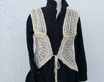 Hand Knitted Crochet Vest, Beige Boho Chic Lace Vest