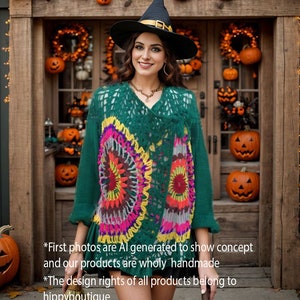 Green Mandala Witch Cardigan, Oriental pattern Short Wool Sweater, Fall Clothes, Autumn Clothes, Handknit Green Patchwork Wool Cardigan