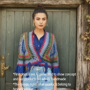 Colorful Handknit Midi Cardigan, Green Blue Crop Wrap Cardigan, Striped Wrap Vest, Handmade wear, Casual Chic Outfit Comlement