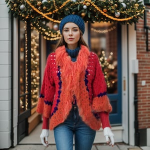 Pode incluir: Uma mulher vestindo um cardigã de crochê vermelho, laranja e azul com uma borda laranja felpuda. Ela também está usando um gorro azul e luvas brancas. A mulher está em pé na frente de uma loja decorada com luzes de Natal.