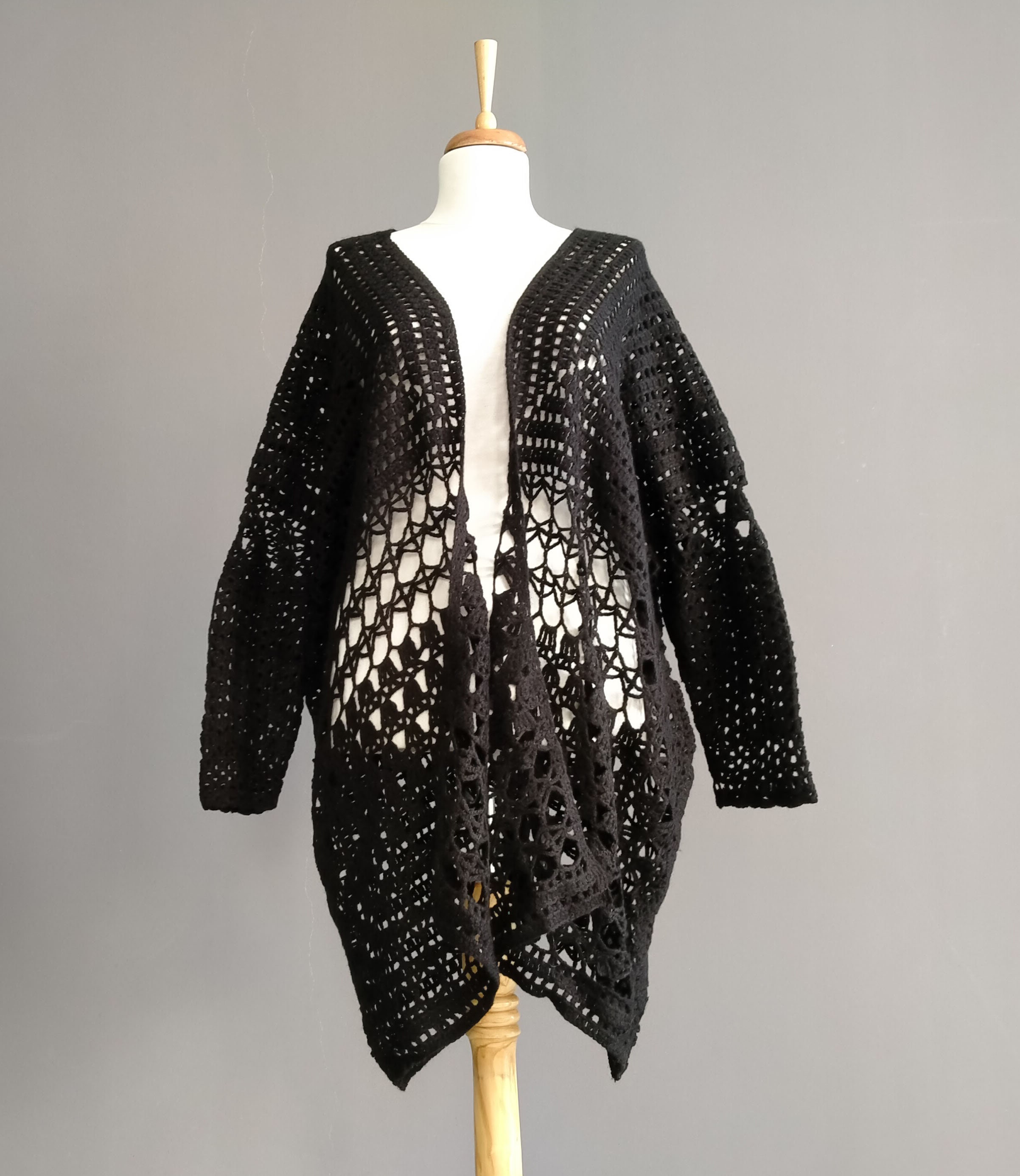 Black Net Handknit Cardigan, Fall Winter Coat, Black Lace