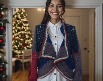 Handknit Striped Cardigan: Reversible Boho Collared Sweater