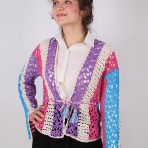 Blue Purple Handknit Colorful Striped Crochet Sweater, V Neck Casual Boho Chic Wear Spring Fall Vibrant Cardigan, Purple Hippy Pullover