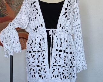 Handknit Fringed Cardigan: Vintage Victorian Style Crochet Lace Coverup