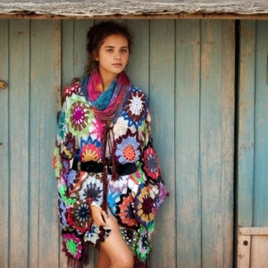 Peut inclure: Une femme portant un haut en crochet coloré avec un motif floral. Le haut est fait de fils de différentes couleurs et a une coupe ample. La femme est debout devant un mur en bois bleu.