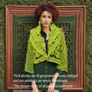 Upside down both sided wear, Lime green short Cardigan, Seasonal Lace Cardigan, Vintage Blouse, Crochet Seasonal Tunic, Vibrant Green Jumper