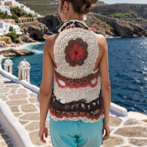 May include: A woman wearing a crocheted vest with a brown, white, and red pattern. The vest has a large, circular design in the center. She is wearing blue shorts and is standing on a white stone path overlooking a body of water.