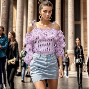 Vintage Style Purple Sweater, Frilly Victorian Blouse, Handknit Spanish Sleeve Blouse, Lace Crochet, Boho Chic Casual Clothes