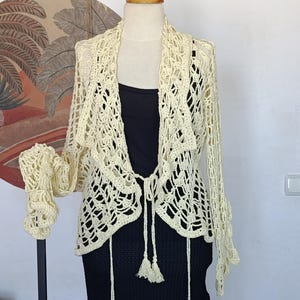 Yellow Beige Lace Upside Down Reversable Cardigan, Seasonal Lace Cardigan, Vintage Blouse, Crochet Seasonal Tunic, Frilly Lace Crochet
